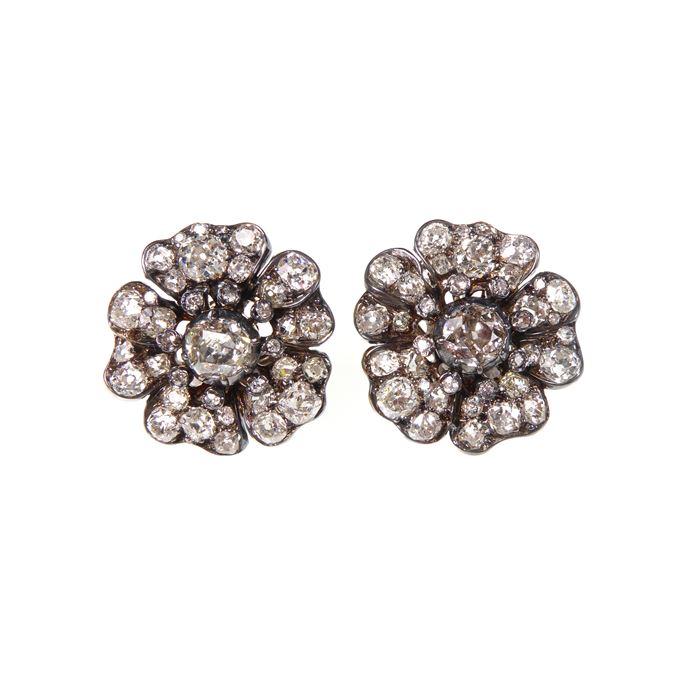 Pair diamond flowerhead cluster earrings, of stylised Tudor rose form | MasterArt